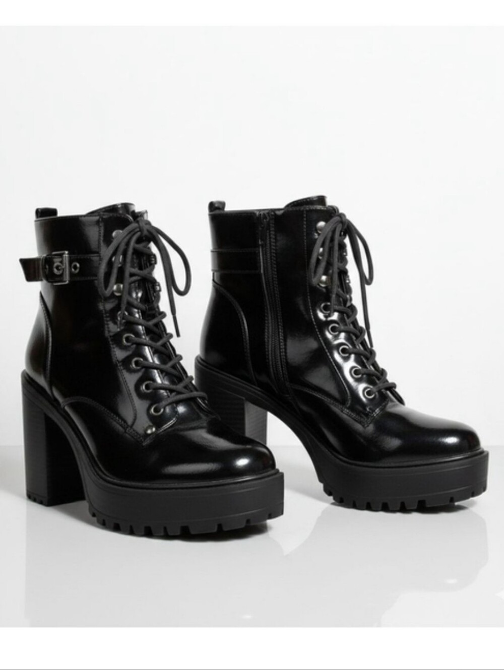 GBG Los Angeles Black Patent Heeled Combat Boots